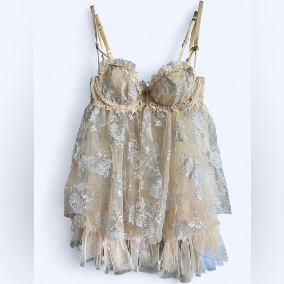 La SENZA Womens Cream Gold Lace Tulle Embroidered Babydoll Lingerie Top Medium - Picture 1 of 14